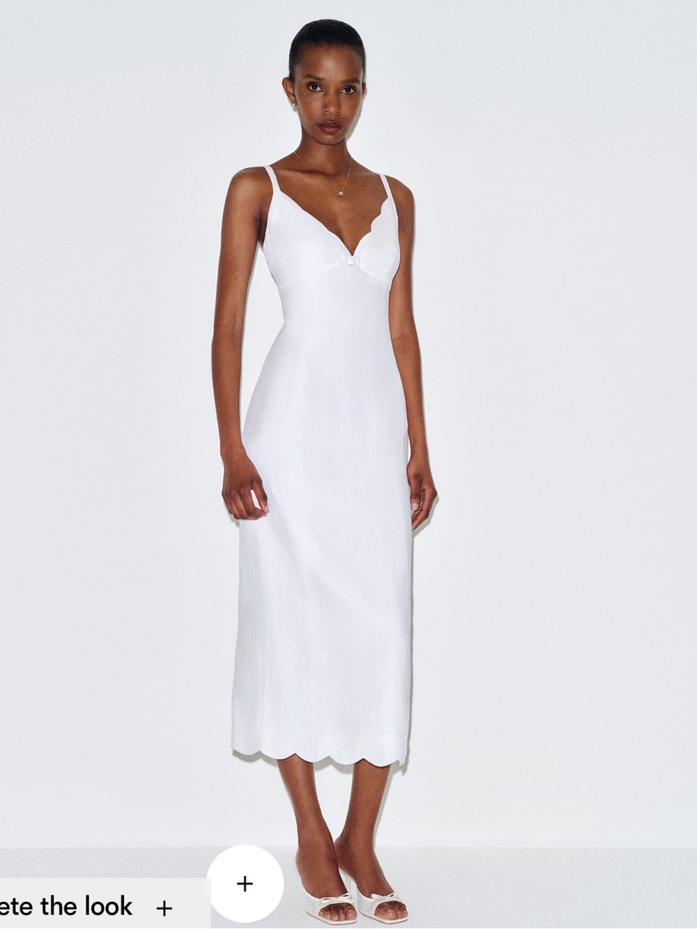 Reformation Sara White Scalloped V-Neck Midi Linen Dress